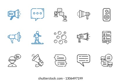 communicate icons set. Collection of communicate with chat, megaphone, bubbles, walking, speaker. Editable and scalable communicate icons.