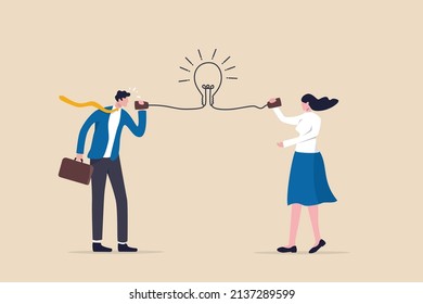 Communicate idea, advice or solution, good communication skill for business success, brainstorm or discuss in meeting concept, smart businessman talk to colleague on phone line with lightbulb symbol.