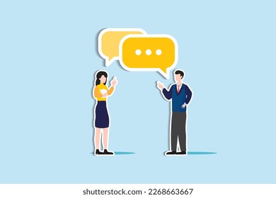 Communicate idea in business discussion, effective communication to brainstorm and come up with solution or result concept, businessman and woman coworker talking with speech bubble. paper cut style