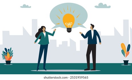 Communicate idea in business discussion, effective communication to brainstorm and come up with solution or result concept, businessman and woman coworker talking speech bubble with lightbulb idea.