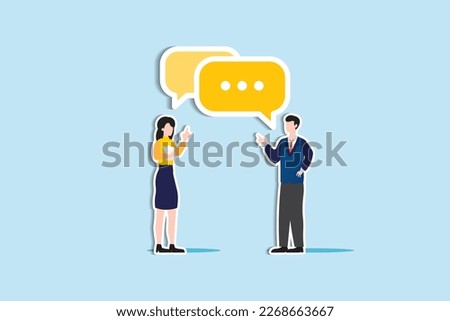 Communicate idea in business discussion, effective communication to brainstorm and come up with solution or result concept, businessman and woman coworker talking with speech bubble. paper cut style