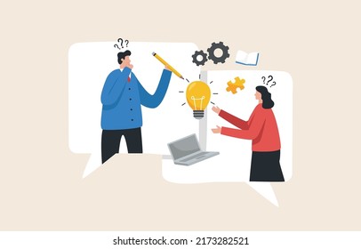 Communicate Idea. Remote Work Collaboration. Online Meeting. Conference Video Call. Giving Opinions Or Brainstorming. 
Male And Female Employees Talking In The Speech Box.