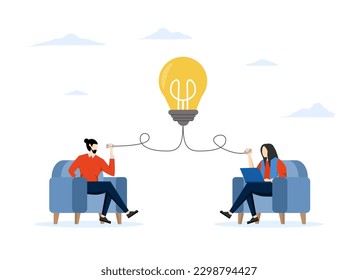 Communicate ideas, suggestions or solutions, brainstorm or discuss in meetings, good communication skills for business, businessman talking to colleagues over telephone line with light bulb symbol.