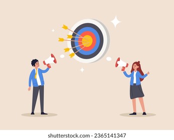 Communicate important purpose concept. Effective communication for team success and achieve goal, meeting or discussion to speak the same goal, business people speak on megaphone the same target.