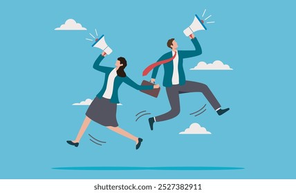 Communicate message. announce job vacancy for recruitment. shout out promotions or company communications. Two business people jump and hold megaphones and briefcase