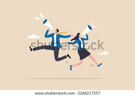 Communicate message, announce job vacancy for hiring, shouting promotion or company communication, warning alert or beware or important message concept, businessman and woman shouting on megaphone.