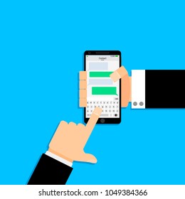 Communicate in messenger using phone. Talking and online chat, people chatting and communication. Vector illustration