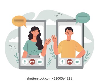 Communicate online concept. Man and woman greet each other. Social networks and instant messengers, video call. Applications for dating and virtual meetings. Cartoon flat vector illustration