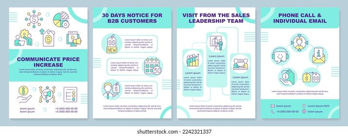 Communicate price increase teal brochure template. Leaflet design with linear icons. Editable 4 vector layouts for presentation, annual reports. Arial-Black, Myriad Pro-Regular fonts used