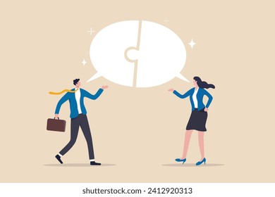 Communicate solution to solve problem, agreement, teamwork or cooperation, conversation message, meeting or discussion concept, business people communicate with connected jigsaw puzzle speech bubble.