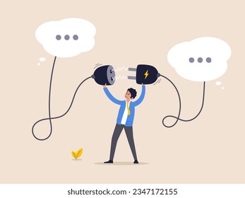 Communicate to solve problem concept. Connect idea for solution. Discussion or meeting to get new idea, collaboration or cooperate to success, businessman connect plug between conversation dialog.