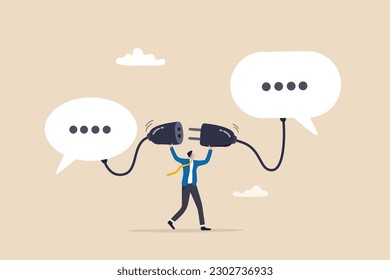 Communicate to solve problem, discussion or meeting to get new idea, collaboration or cooperate to success, connect idea for solution concept, businessman connect plug between conversation dialog.