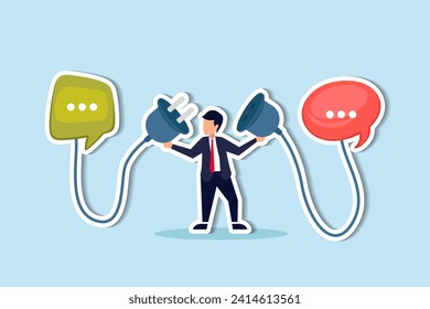 Communicate to solve problem, discussion or meeting to get new idea, collaboration or cooperate to success, connect idea for solution concept, businessman connect plug between conversation dialog.