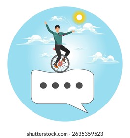 Communicate to success concept,  advice message dialogue, announcement speech bubble. Businessman acrobat on message speech bubble.