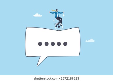 Communicate to success, talking or discussion, advice message dialogue, announcement speech bubble, business conversation or consultation concept, businessman acrobat on message speech bubble.