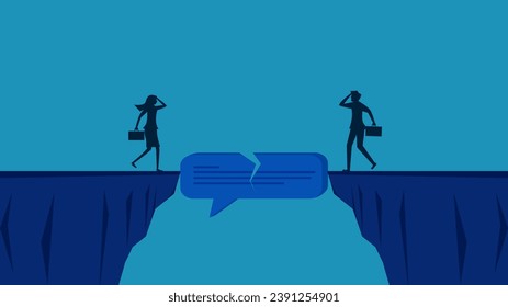 Communicate unclear messages. Businessmen communicate with broken speech bubbles