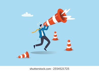 Communicate urgent message, warning or danger alert, broadcast announcement, attention or loudspeaker screaming advertising concept, businessman shouting loud voice message on big safety pylon.