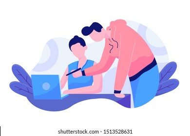 communicate with the work team vector illustration,illustration of a person working in an office,two people are facing the laptop