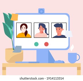 Communicates with a friends online using a computer. Remote communication on isolation. Remote work via a web camera.