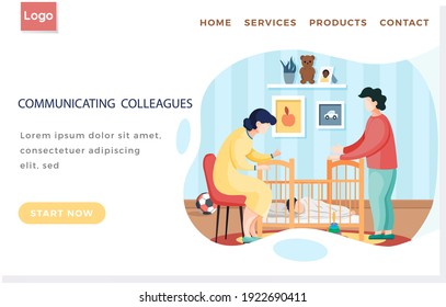 Communicating colleagues landing page template with young parents put baby to sleep in crib. Mother and father spend time at home with their son. Parents help baby fall asleep, glad motherhood