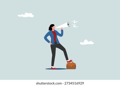 Communicating with confidence, telling the truth or presentation skills, speaker, presentation or shouting concept, confident businesswoman leader speaks loudly through a megaphone.