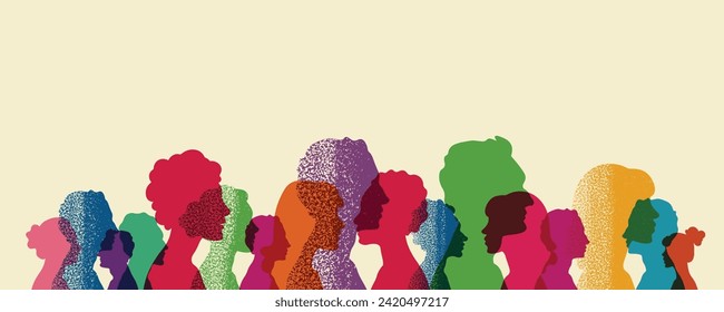 Communicating crowd of families and multiethnic people and different cultures. Sociology. Silhouette profile vector.