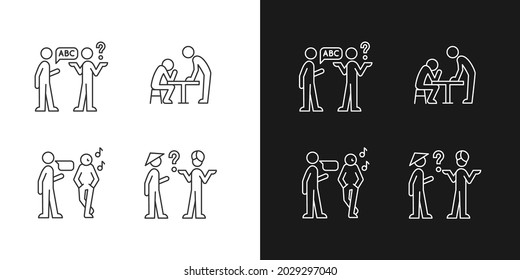 Communicating information effectively linear icons set for dark and light mode. Language, cultural barriers. Customizable thin line symbols. Isolated vector outline illustrations. Editable stroke