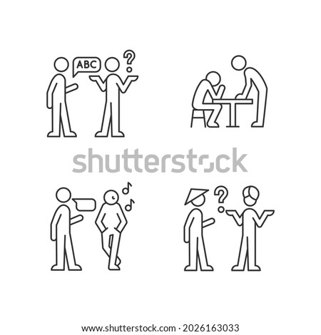 Communicating information effectively linear icons set. Language, cultural barriers. Wordless signals. Customizable thin line contour symbols. Isolated vector outline illustrations. Editable stroke
