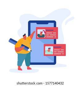 Comunicar a un hombre con un lápiz enorme usando servicios de Internet de Smartphone para charlar y enviar mensajes de texto en medios sociales con amigos. Gadget Smart Technologies en la vida humana. Ilustración de vectores planos de dibujos animados
