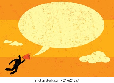 Communicating with a megaphone A businessman announcing a message into a speech bubble using a megaphone.  The man & speech bubble and the background are on separate labeled layers.