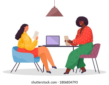 Communicating office workers, african black woman sitting at table with digital tablet and talking with colleague, businesswomen discussing work, strategy, partners, employee, brainstorming of women