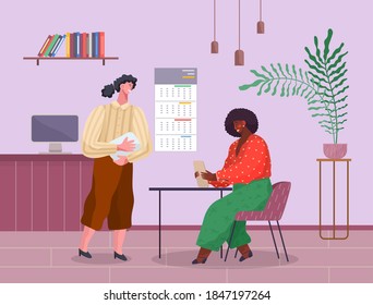 Communicating office workers, african black woman sitting at table with digital tablet and talking with colleague, businesswomen discussing work, strategy, partners, employee, brainstorming of women