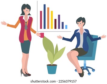 Communicating office workers or friends spend time together during break. Women standing and talking. Colleagues business people discussing work. Partners, company employee, characters have discussion