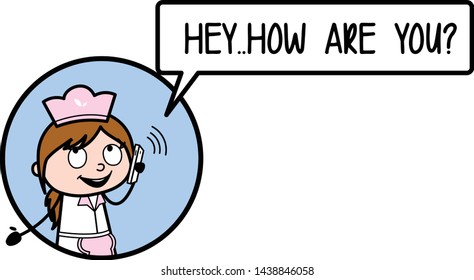 Communicating on Mobile - Retro Cartoon Waitress Female Chef Vector Illustration