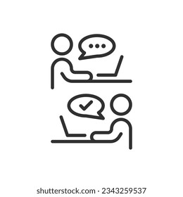 Communicating over the Internet, linear icon. People communicating through laptops. Line with editable stroke