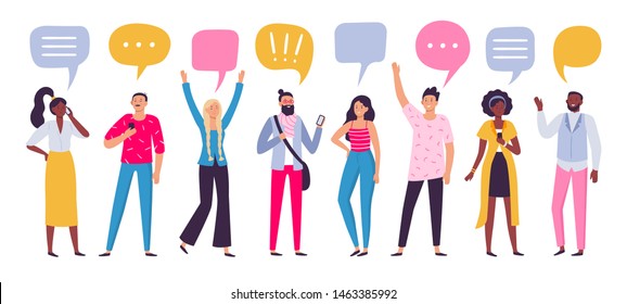 Communicating people. Chat dialog communication, smartphone call talking or speaking people group. Person conversation, discussion talk or brainstorming speaking bubble vector illustration