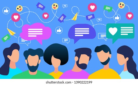 Communicating People Crowd with Speech Bubble and Social Media Icons on Blue Background. Young Faceless Men and Women Chatting, Texting, Like Comments. Simple Modern Cartoon Flat Vector Illustration.