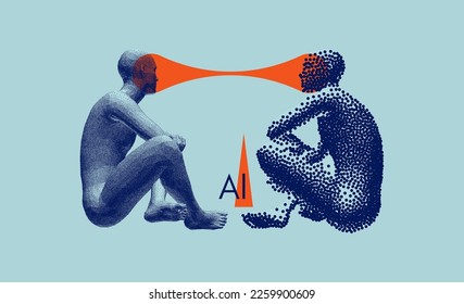 Communicating people. Visual contact. People talk face to face. Illustration of the communication between two humans in form of telepathy. Mind reading concept. Battle with yourself. 3d vector. 