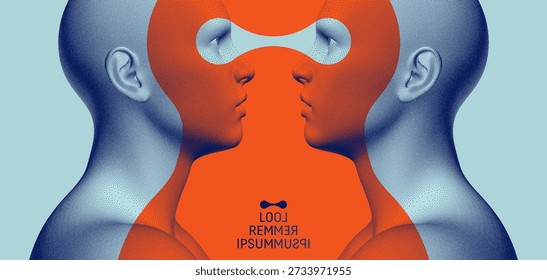 Communicating people. Visual contact. People talk face to face. Concept of artificial intelligence, reading or copying data, mental communication. Telepathy. 3D vector for cover, presentation, etc.