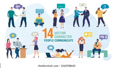 Communicating Personally and Using Gadgets People Trendy Flat Vector Characters Set. Man and Woman Talking Face to Face, Calling Friends, Messaging Online with Cellphone and Computer Illustration