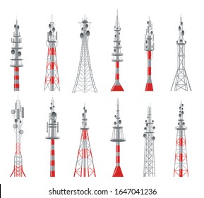 Communicating radio constructions. Mobil connections towers, connection cellular buildings vector illustration, vector telecoms tower set isolated on white background