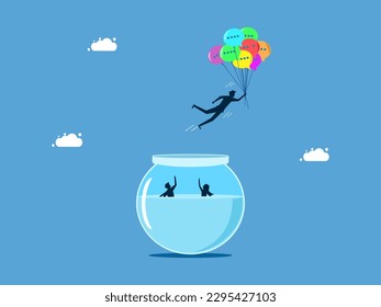 Communicating and receiving useful information. man floats with speech balloons out of dangerous areas