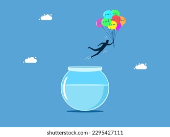 Communicating and receiving useful information. man floats with speech balloons out of dangerous areas