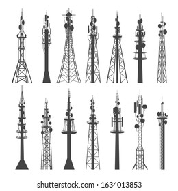 Communicating towers. Mobile network cellular antennas, telephone tower icons, internet signal connection wireless transmission telecommunications constructions