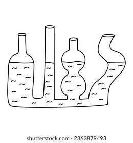 Communicating vessels hand drawn doodle vector illustration black outline. Back to school theme element. Physics science hydrostatics.