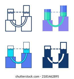 Communicating vessels icon set in flat and line style. Law of physics symbol. Hydrostatic pressure. Vector illustration.