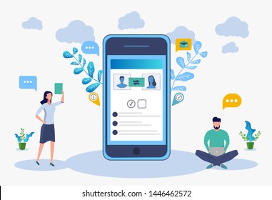 Communicating via the Internet, social networks, chat, video, news, messages, website, search for friends, search for couples, love, mobile web graphics. Vector colorful illustration