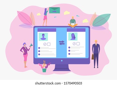 Communicating via the Internet, social networks, chat, video, news, messages, website, search for friends, search for couples, love, mobile web graphics. Vector colorful illustration