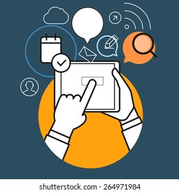 Communicating via modern tablet gadget. Simple line design illustration