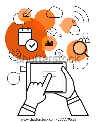 Communicating via modern tablet gadget. Simle line design illustration
